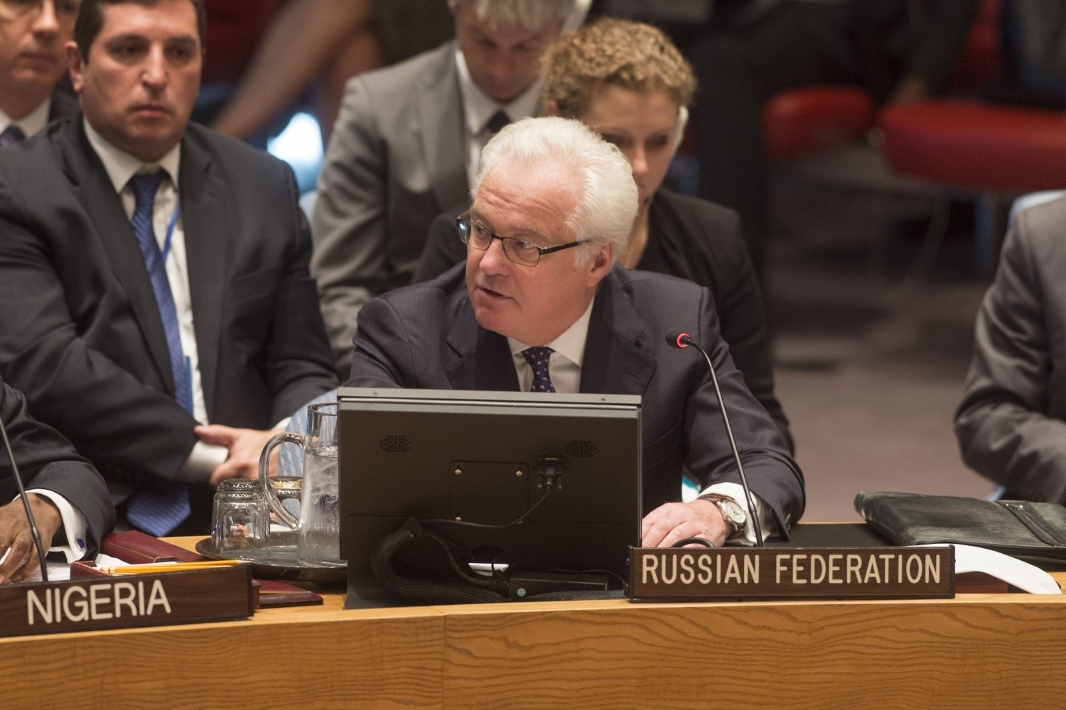 Бивши руски амбасадор при УН Виталиј Чуркин током расправе у Савету безбедности о британском предлогу резолуције о Сребреници, Њујорк, 08. јул 2015. (Фото: UN Photo/Eskinder Debebe)
